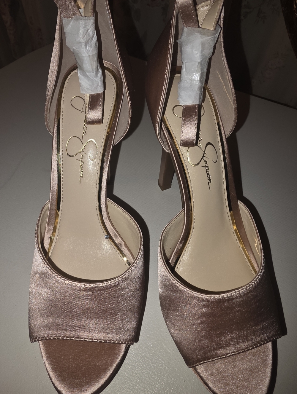 Jessica Simpson Satin Open-Toe Block Heel Sandals in Rose Gold